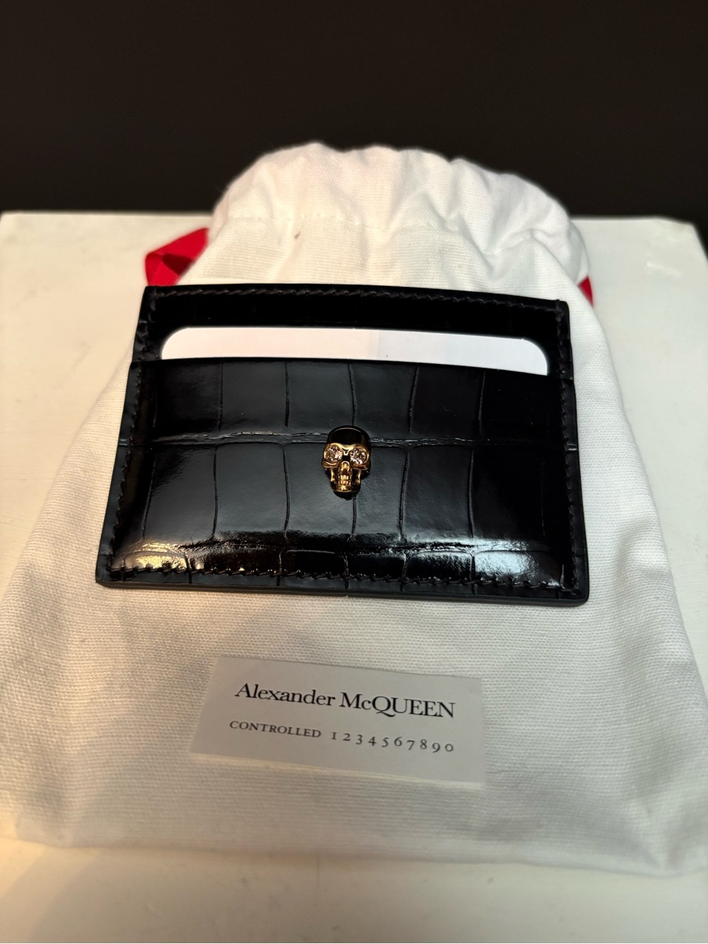 Alexander McQueen Black Croc-Embossed Leather Card Holder with Gold Skull